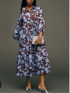 Rachel Zoe Brown Maxi Shirt Dress with Blue Floral Print